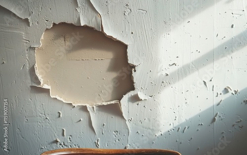 Closeup of an empty damaged room space with dirty wall and a hole. House during renovation. Repairability, sustainability, maintenance, refurbish, recondition, revamp, lifetime repair culture concept photo