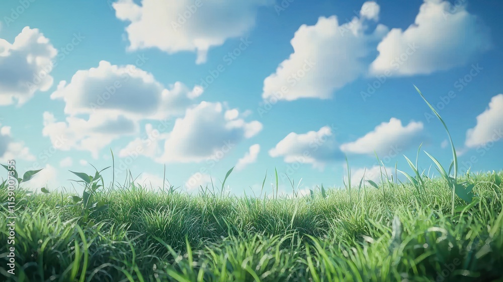 Obraz premium Lush green grass field under a bright blue sky with fluffy white clouds. (1)
