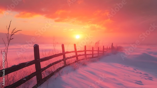 Wallpaper Mural Winter countryside at sunset, a rustic wooden fence stretching across a vast snowy field under a warm orange and pink sky. Torontodigital.ca