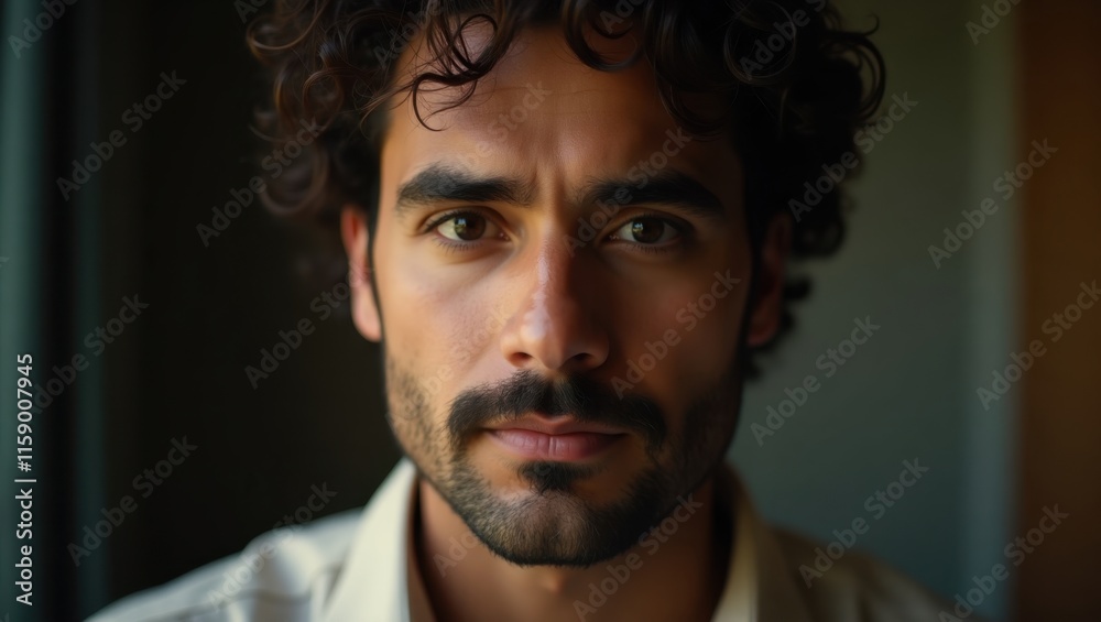 Fototapeta premium Close-up portrait of a young man with curly brown hair and a serious expression. Warm lighting highlights his facial features.