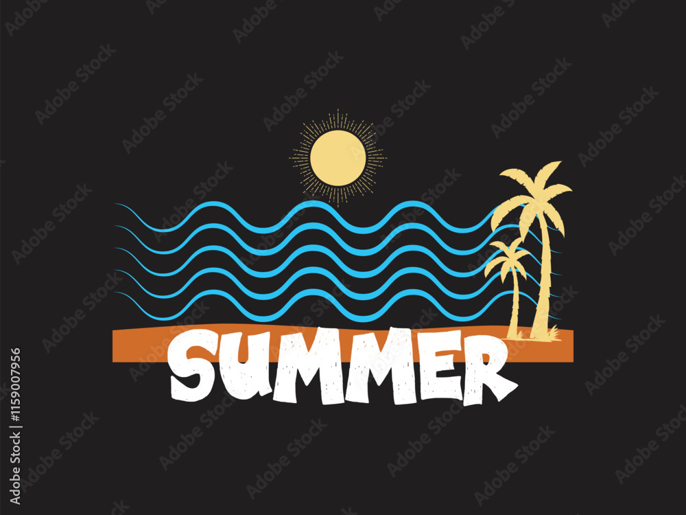 Naklejka premium Summer vibes sun, waves, and palm trees design