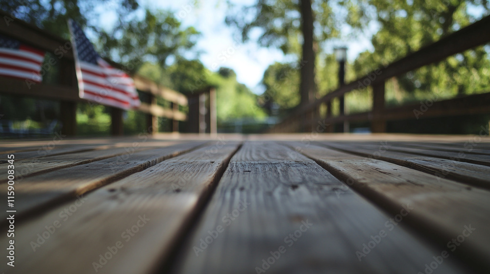 Wooden deck with American flags under bright sunlight in a tranquil outdoor setting Wooden deck with American flags under bright sunlight in a tranquil outdoor setting