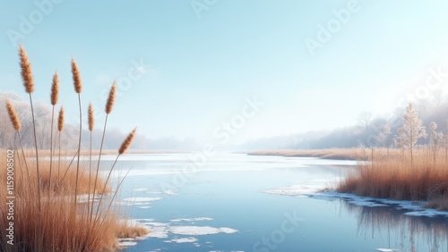 Thawing lake, Serene lake with emerging reeds in a thawing state