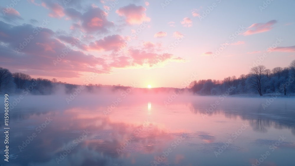 Fototapeta premium Thawing lake, Thawing lake beneath a pink sunset sky and rising mist