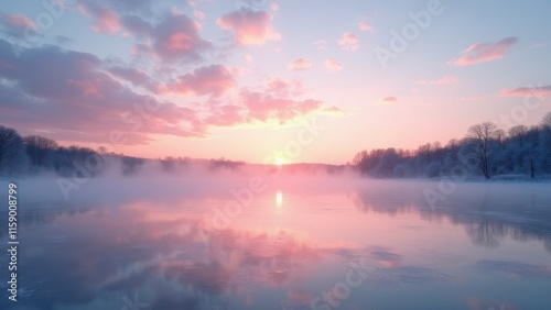 Thawing lake, Thawing lake beneath a pink sunset sky and rising mist