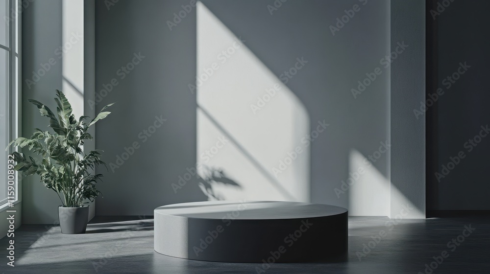 Minimalist Room Displaying a Circular Platform and Plant Minimalist Room Displaying a Circular Platform and Plant