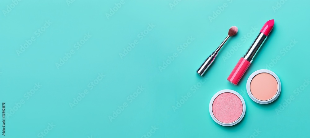 A flat lay of a woman's essentials cosmetic makeup set in coral, designed with a minimal and colorful art style on a mint green background. A flat lay of a woman's essentials cosmetic makeup set in coral, designed with a minimal and colorful art style on a mint green background.