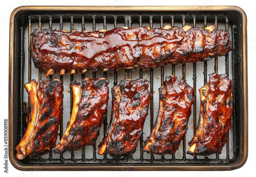 Ribs are on a grill and are covered in barbecue sauce. The ribs are cooked and ready to eat