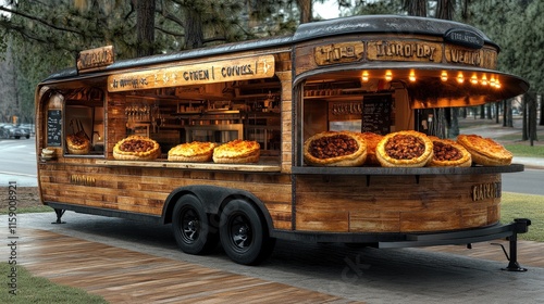 Rustic wooden food truck selling pies, coffee, and cider.