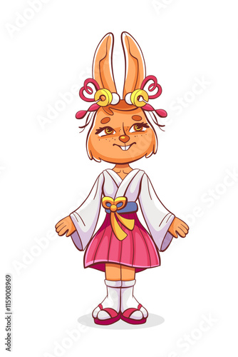 Illustration of a hare girl with bionic prosthetic ears in a cute cartoon style.
