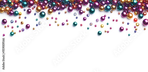 Colorful Decorative Balls and Bubbles in Various Sizes Cascading Over a White Background for Festive Celebrations, Parties, and Seasonal Events