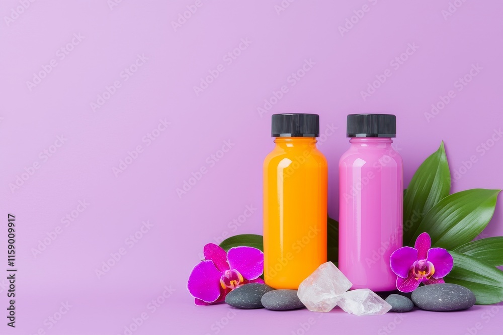 Cosmetics made from natural ingredients arranged on a colorful surface. Cosmetics made from natural ingredients arranged on a colorful surface.