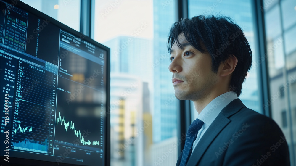 金融街のオフィスで市場分析に集中する日本人男性ファイナンシャルアナリスト 金融街のオフィスで市場分析に集中する日本人男性ファイナンシャルアナリスト