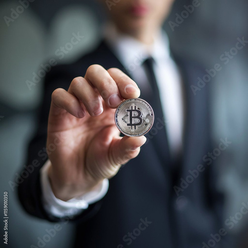 Close-Up of a Hand Holding a Shiny Bitcoin Coin with a Blurred Background, Highlighting Cryptocurrency and Blockchain Technology Concepts