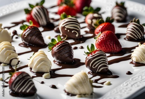 Variety of chocolate dipped strawberries on plate