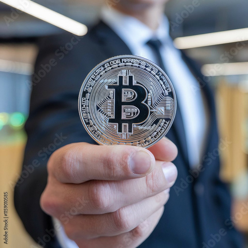 Close-Up of a Hand Holding a Shiny Bitcoin Coin with a Blurred Background, Highlighting Cryptocurrency and Blockchain Technology Concepts
