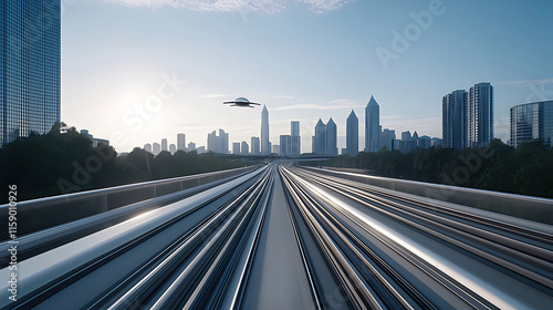 Futuristic city skyline with flying vehicle and elevated train tracks.
