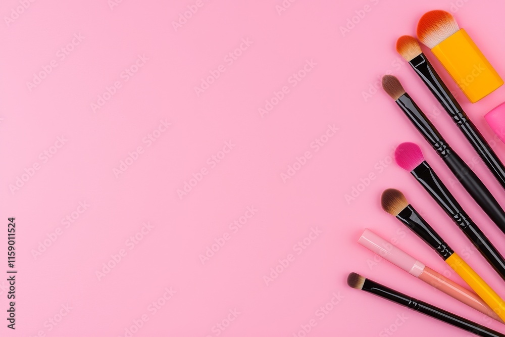 A flat lay of professional makeup products on a pink background adorned with flowers, featuring copy space. A flat lay of professional makeup products on a pink background adorned with flowers, featuring copy space.
