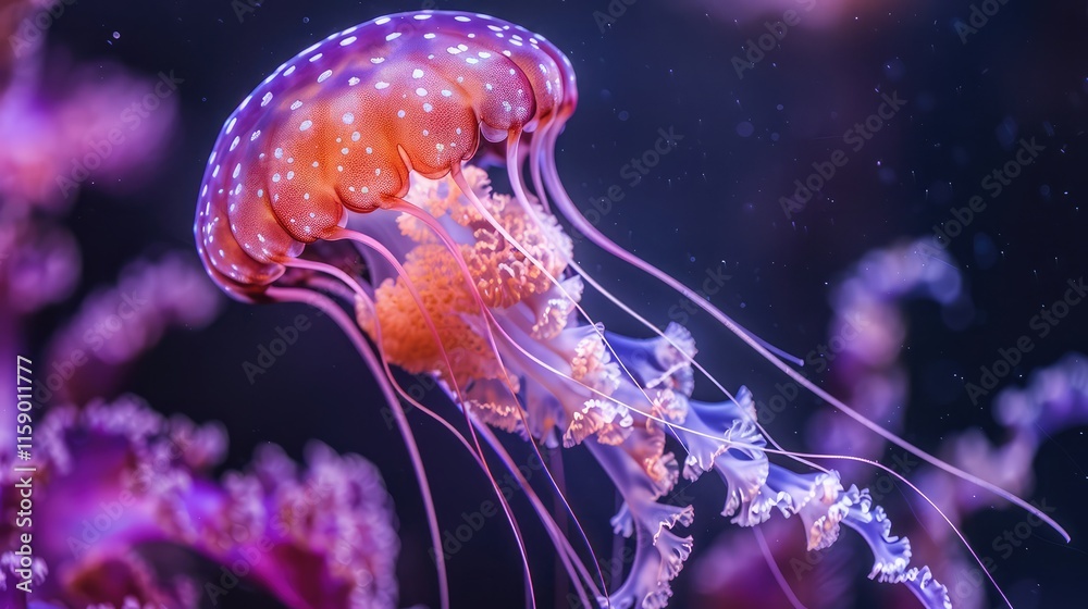 A breathtaking jellyfish solar light shines on a dark purple background, its beauty almost otherworldly A breathtaking jellyfish solar light shines on a dark purple background, its beauty almost otherworldly