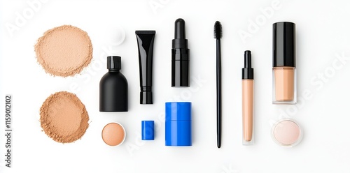 A group of makeup brushes displayed with decorative cosmetics against a beige backdrop.