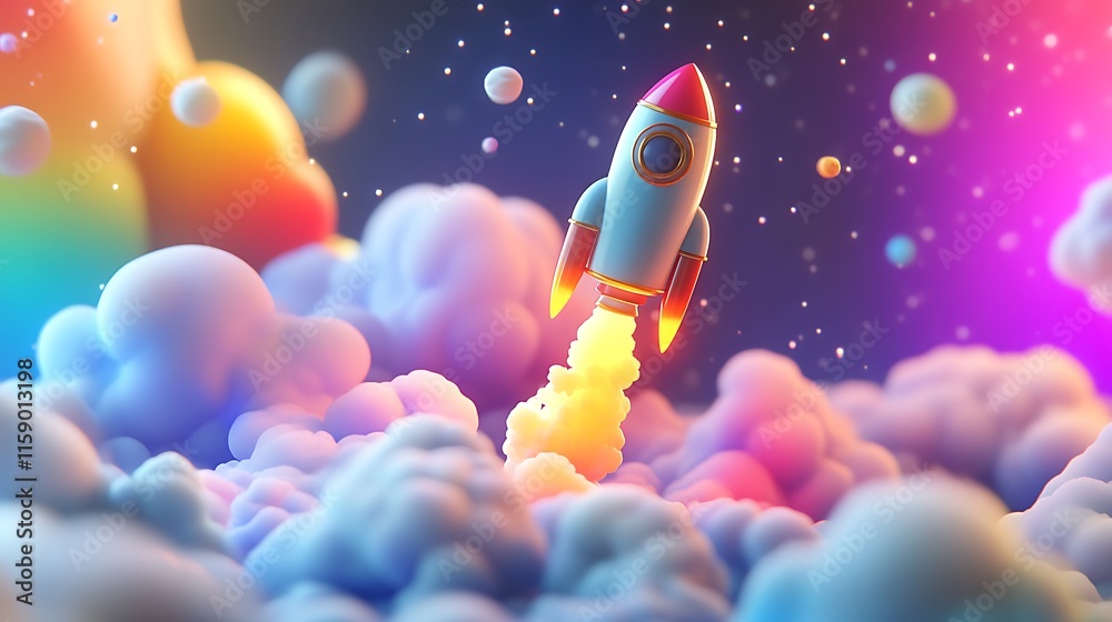 Cartoon Rocket Ascending Through Colorful Clouds Cartoon Rocket Ascending Through Colorful Clouds