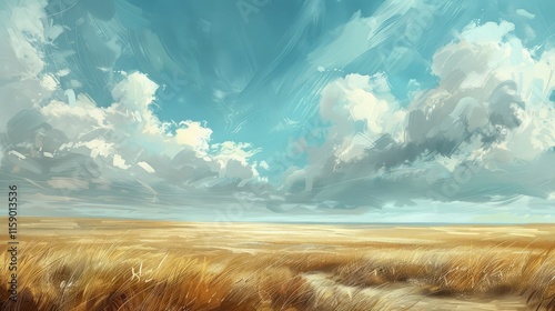 A breathtaking Pampa grass landscape with a dramatic light blue sky, sweeping clouds, and a sense of awe