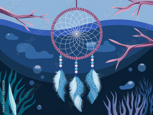 Underwater dream catcher with feathers and marine life photo