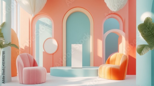 Pastel Room Interior Design With Armchairs And Blank Display
