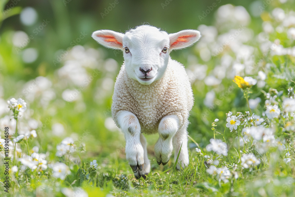 Playful white lamb in a blooming green countryside field Playful white lamb in a blooming green countryside field