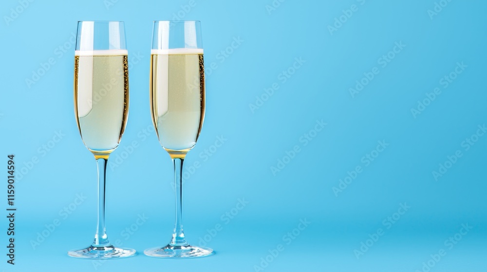 Two flutes of champagne with bubbles against a festive blue backdrop adorned with golden lights, setting a celebratory and elegant tone for Christmas and New Year's celebrations. Two flutes of champagne with bubbles against a festive blue backdrop adorned with golden lights, setting a celebratory and elegant tone for Christmas and New Year's celebrations.