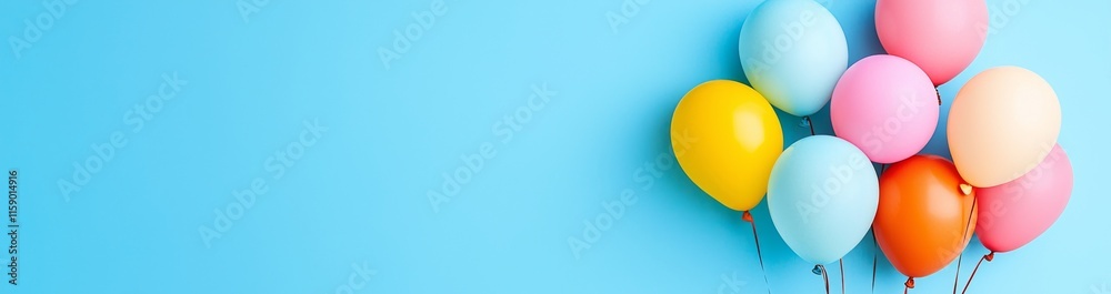 A collection of vibrant balloons against a light blue backdrop, with space for text. Banner design. A collection of vibrant balloons against a light blue backdrop, with space for text. Banner design.