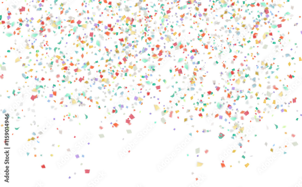 Colorful confetti falling on transparent background. Luxury confetti falling overlay used in anniversary, birthday, new year celebration. Png file