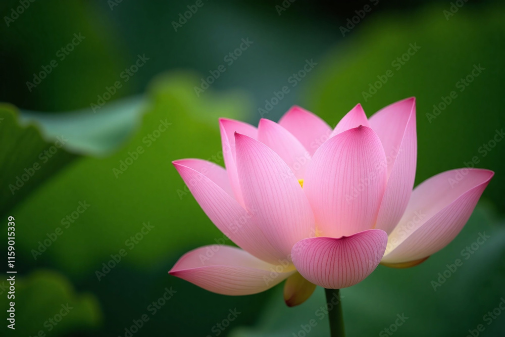 Single pink lotus flower in bloom against green background Single pink lotus flower in bloom against green background