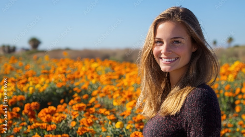Young Woman Smiling in Bright Orange Flower Field Under Blue Sky Young Woman Smiling in Bright Orange Flower Field Under Blue Sky