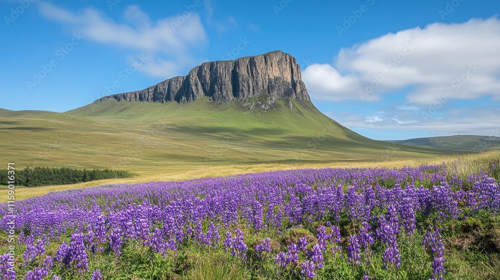 Obraz premium Scenic Mountain View Surrounded by Vibrant Purple Wildflowers