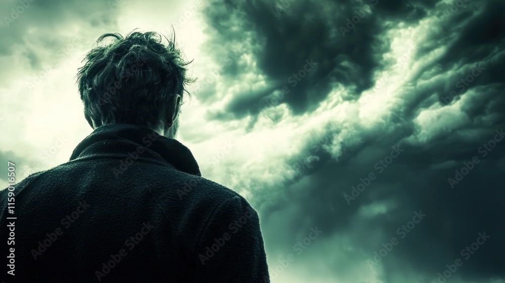 Man looking up at stormy sky, feeling lost and alone. Man looking up at stormy sky, feeling lost and alone.