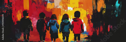 World day for street children. Colorful urban art. Silhouettes of children walking down the street holding hands. Horizontal banner. Copy space. Abandoned children problem. Children day photo