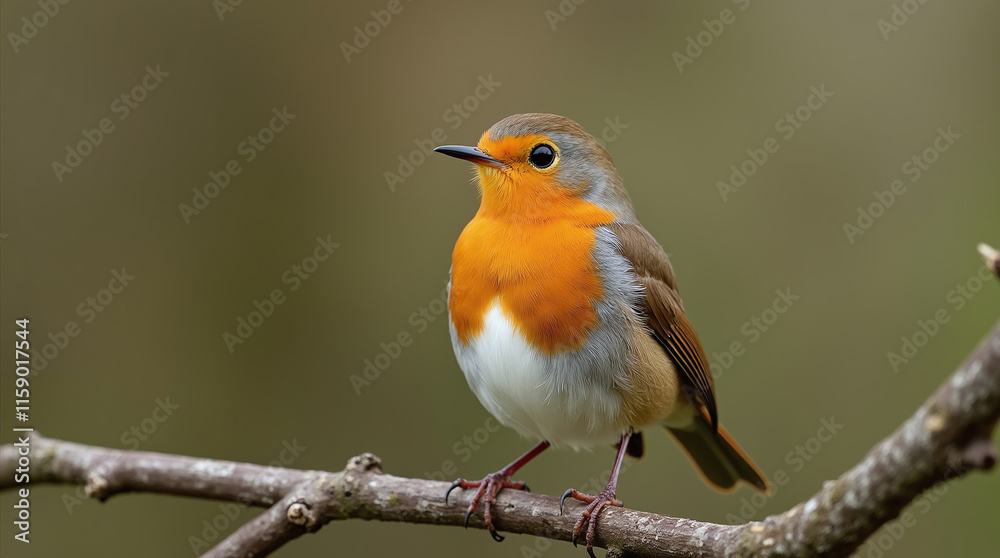 European Robin Bird Perched and Sitting on Tree Branch, Erithacus Rubecula European Robin Bird Perched and Sitting on Tree Branch, Erithacus Rubecula