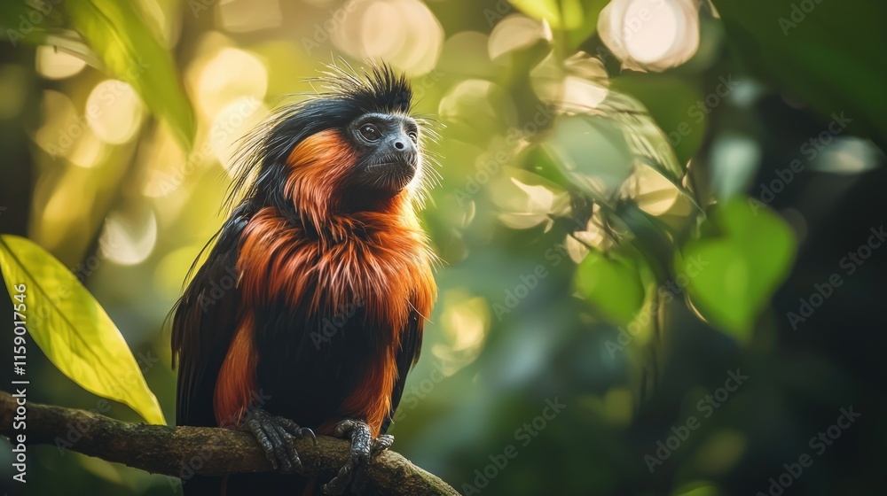 Golden-headed lion tamarin perched on a branch in a lush green forest, bathed in sunlight. Golden-headed lion tamarin perched on a branch in a lush green forest, bathed in sunlight.