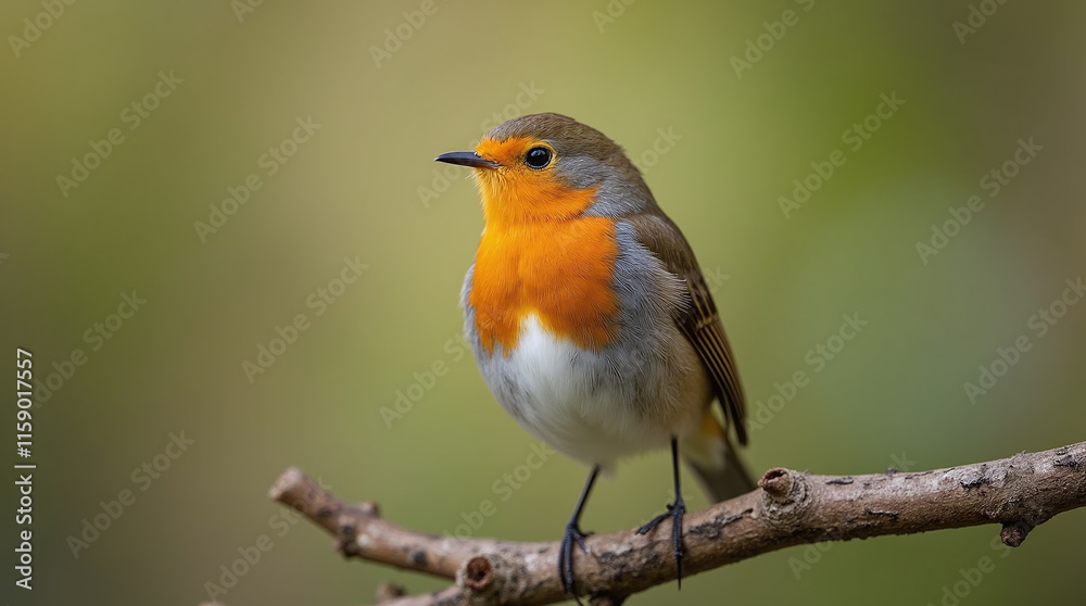 European Robin Bird Perched and Sitting on Tree Branch, Erithacus Rubecula European Robin Bird Perched and Sitting on Tree Branch, Erithacus Rubecula