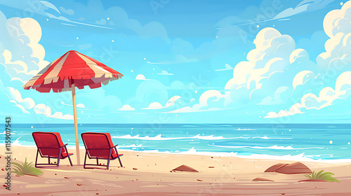 Two red beach chairs under a worn red and white striped beach umbrella on a sandy beach by a calm ocean under a blue sky with fluffy white clouds.