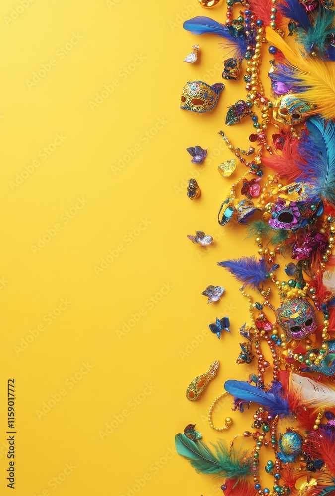 Fototapeta premium Colorful Festive Decorations on Bright Yellow Background for Celebratory Events and Parties Featuring Beads, Feathers, Masks, and Gemstones