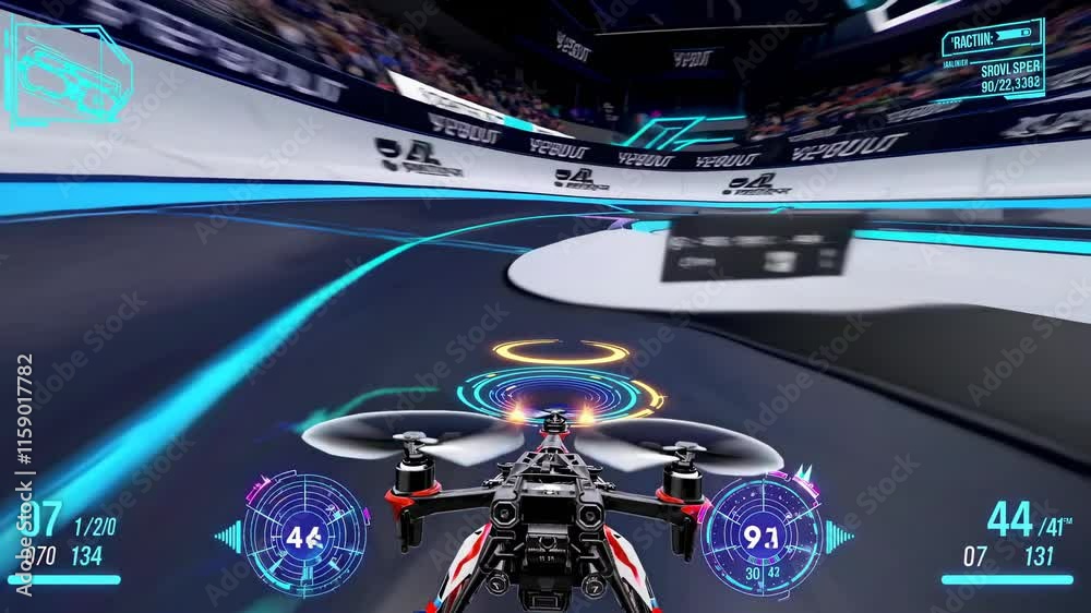 Racing drones navigate a futuristic track with neon lights and high speeds during an exciting competition