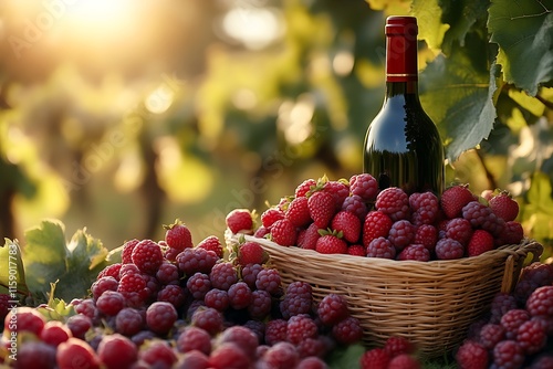 Red wine bottle with raspberries and strawberries in a vineyard at sunset.