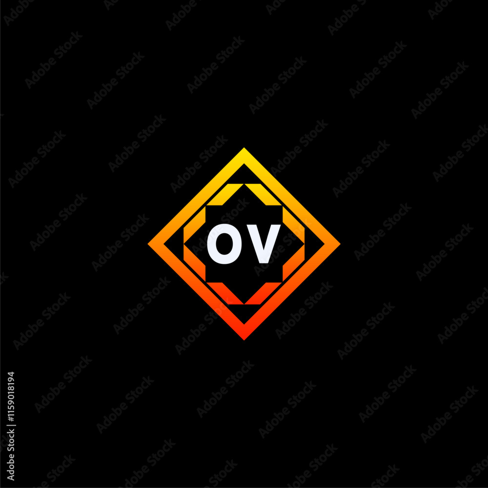 OV initials dynamic geometric logo design features a bold lettering sign in an orange and black color scheme, displayed against a dark background OV initials dynamic geometric logo design features a bold lettering sign in an orange and black color scheme, displayed against a dark background