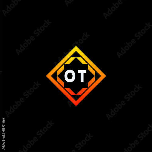 OT initials dynamic geometric logo design features a bold lettering sign in an orange and black color scheme, displayed against a dark background