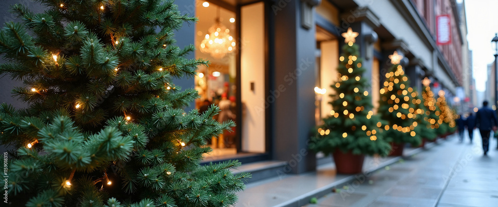 Christmas trees with lights lining the street after holiday celebrations in urban setting Christmas trees with lights lining the street after holiday celebrations in urban setting