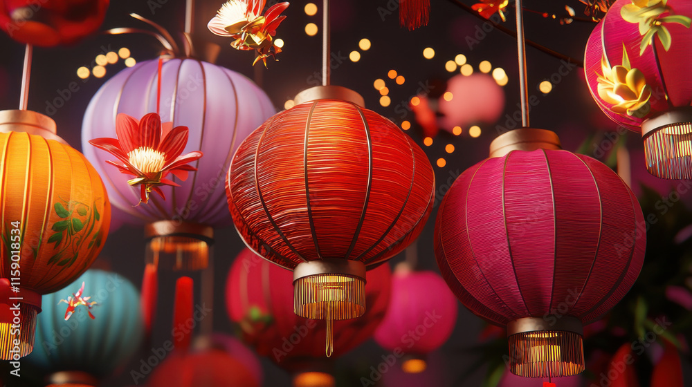 Obraz premium chinese new year 2025 concept. Colorful lanterns illuminate night with glowing particles and festive charm
