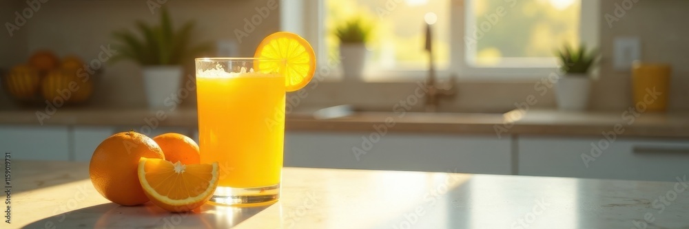 A glass of freshly squeezed orange juice sits on a sunlit kitchen counter, morning glow , photography, still life, color A glass of freshly squeezed orange juice sits on a sunlit kitchen counter, morning glow , photography, still life, color
