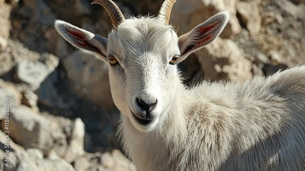 Mountain goat stands calmly among rocky terrain under bright sunlight in a serene wilderness setting Mountain goat stands calmly among rocky terrain under bright sunlight in a serene wilderness setting